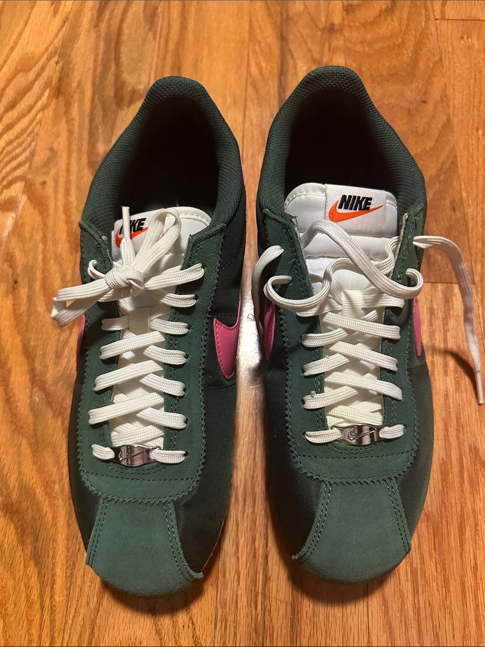 Nike Green Suede Sneakers with Pink Swoosh